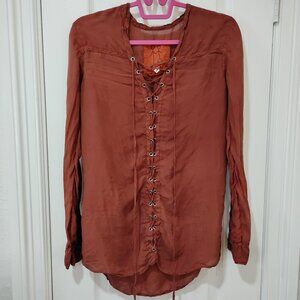 Two People Silk Lace-Up Blouse | XS | Boho Corset Front Top
